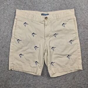 Wash Stoned & Beaten Marlin Graphic AOP Chino Shorts Mens Beige Size 34 Fish